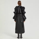 Ouzey Spring Extra Long Black Ruffled Soft Faux Leather Coat Women Belt Elegant Chic Luxury Designer Clothes Overcoat 2025