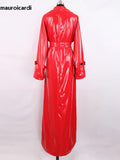 Ouzey Spring Autumn Extra Long Soft Red Reflective Shiny Patent Leather Coat Women Double Breasted Maxi European Fashion