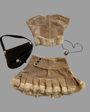 Ouzey Y2K Two Piece Sets Women Sexy Cute Strapless  Bodycon Tops High Waist Pleated Mini Skirt Harajuku Goth Brown Raw Edge Skirt Suit