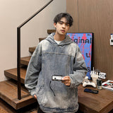 Ouzey Heavy washed denim sweatshirt men's spring and autumn trendy brand loose hooded jacket ins American high street couple coat