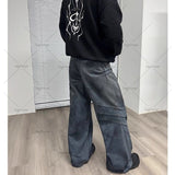 Ouzey Gothic Punk Style Scratched Washed Baggy Jeans Men Y2K Harajuku Retro Loose Casual Straight Pants High Street Fashion Streetwear