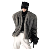 Ouzey Spring Winter Short Thick Warm Hairy Shaggy Grey Faux Fur Coat Men V Neck Long Sleeve Cool Handsome Fluffy Jacket