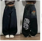 Ouzey dandys world Street American Trend Harajuku Retro Aesthetic Printing Straight High Waist Y2K New Women's Washed Blue Jeans Gothic Wide Pants