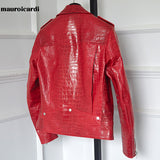 Ouzey Spring Red Crocodile Pattern Faux Leather Biker Jacket Long Sleeve Zipper Plus Size Designer Men Clothing 4xl 5xl