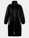 Ouzey Spring Black Long Waterproof Shiny Reflective PVC Faux Leather Coat for Women with Detachable Hood Y2K Streetwear