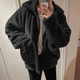 Ouzey 2024 Winter Korean Style Lamb Wool Jacket Thickened Fleece Lined Cotton Coat Trendy W9214 For Men And Youth Loose Fit Hooded