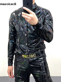 Ouzey Spring Autumn Cool Fitted Black Shiny Reflective Stretchy Holographic Faux Leather Shirt Jacket Men Emo Clothes 2025