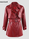 Ouzey Spring Luxury Chic Soft Waterproof Wine Red Pu Leather Trench Coat for Women Belt Double Breasted Fall Clothes 2025