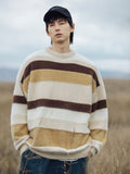 Ouzey Contrast striped round neck sweater for men 2025 autumn and winter new style Japanese retro lazy style sweater sweater Y2k top