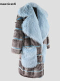 Ouzey Nerazzurri Autumn Winter Long Thick Warm Blue Striped Patchwork Faux Fur Coat Women Loose Casual Luxury Chic Korean Fashion 2025