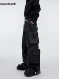 Ouzey Autumn Cool Black Baggy Pu Leather Wide Leg Cargo Pants for Men Three-dimensional Pockets Luxury Designer Clothes