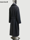 Ouzey Spring Winter Oversized Extra Long Warm Grey Wool Blends Coat Men Sashes Luxury Elegant Chic Woolen Overcoat 2025