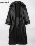 Ouzey Spring Autumn Long Oversized Black Pu Leather Trench Coat for Women Belt Double Breasted Loose Casual Maxi Overcoat