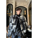 Ouzey Winter New Unique Tie-Dye Color Blocking Lamb Wool Velvet Jacket Men Fashionable Trendy Loose Fit Weed Style Warm Jacket