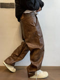 Ouzey Autumn Long Retro Cool Baggy Distressed Washed Brown Soft Pu Leather Wide Leg Pants for Men Luxury Designer Clothes