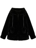 Ouzey Spring Autumn Thick Warm Sweet Cute Kawaii Thick Warm Black Faux Fur Hoodie with Bunny Ears and Pompon Fluffy Jacket