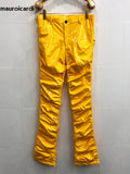 Ouzey Spring Autumn Yellow Blue Shiny Reflective Stretchy Soft PVC Faux Leather Stacked Pants for Men 2025 Y2K Streetwear