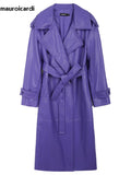 Ouzey Spring Long Waterproof Soft Purple Pu Leather Trench Coat for Women Sashes Luxury Elegant Leather Overcoat 2025