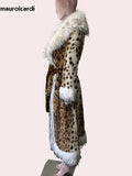 Ouzey Winter Long Thick Warm Colorful Fluffy Leopard Print Faux Fur Coat Women with Fake Fox Fur Trim Luxury Designer Clothes 2025