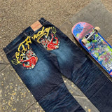 Ouzey Hip Hop Tiger Heads Loose Fit Y2K Jeans Baggy Jeans Retro Blue Denim Pants Womens New Harajuku Gothic High Waist Wide Trousers