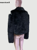 Ouzey Autumn Winter Short Black Thickened Warm Hairy Shaggy Pu leather Patchwork Faux Fox Fur Coat Women Fluffy Jacket