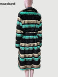 Ouzey Winter Long Striped Colorful Thick Warm Fluffy Pu Leather Patchwork Faux Fur Coat Women Luxury Designer Clothes