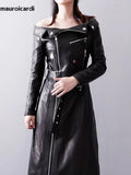 Ouzey Spring Autumn Black Pu Leather Maxi Biker Dress Women Zipper Belt Elegant Luxury Designer Off Shoulder Clothes 2025