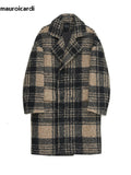 Ouzey Autumn Winter Long Loose Stylish Thick Warm Colorful Plaid Wool & Blends Coat Men Double Breasted Runway Fashion