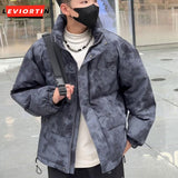 Ouzey 2024 Winter New Men's Stand up Down Jacket Tie Dyed Loose Trendy Versatile Zipper Down Jacket Fashion Couple Series Coat