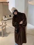 Ouzey Spring Winter Long Brown Thick Warm Soft Faux Mink Fur Coat Women Puff Sleeve Elegant Luxury Chic Fluffy Clothes