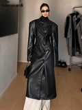 Ouzey Spring Luxury Long Black Fitted Faux Leather Trench Coat for Women Shoulder Pads Double Breasted European Clothes