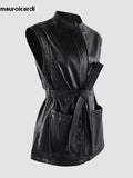 Ouzey Spring Short Black Soft Pu Leather Vest Women with Side Slit Sashes Stand Collar Luxury Chic Sleeveless Jacket 2025