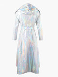 Ouzey Spring Long Shiny Reflective Holographic Silver Faux Leather Trench Coat for Women with Hood Zip Up Y2K Streetwear