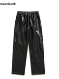 Ouzey Autumn Long Black Shiny Baggy Soft Pu Leather Cargo Pants for Men with Side Pockets Luxury Designer Clothes 2025