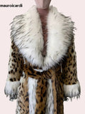 Ouzey Winter Long Thick Warm Colorful Fluffy Leopard Print Faux Fur Coat Women with Fake Fox Fur Trim Luxury Designer Clothes 2025