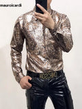 Ouzey Spring Autumn Cool Sexy Fitted Shiny Stretchy Colorful Snake Print Faux Leather Shirt Jacket Men Emo Clothes 2025