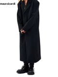 Ouzey Autumn Winter Long Oversized Black Woolen Trench Coat Men Shoulder Pads Single Breasted Luxury Cocoon Overcoat 2025