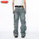 Ouzey Hip Hop Men's Denim Pants Spring Autumn High Street Vibe Personalized Ragged Edge Splicing Jeans Trendy Designer Male Trousers