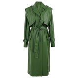 Ouzey Spring Long Green Pu Leather Trench Coat for Women with Back Slit Sashes Single Breasted Elegant Luxury Clothes 2025