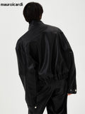 Ouzey Spring Autumn Short Black Oversized Shiny Reflective Patent Leather Jacket Men Zip Up Designer Y2K Clothes Fashion