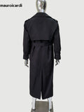 Ouzey Spring Autumn Long Black Hard Waterproof Trench Coat for Women Belt Double Breasted Loose  Casual Luxury Overcoat