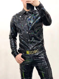 Ouzey Spring Autumn Cool Fitted Black Shiny Reflective Stretchy Holographic Faux Leather Shirt Jacket Men Emo Clothes 2025