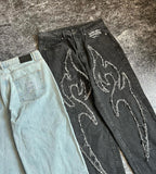 Ouzey 90s Streetwear High Waisted Y2k Baggy Jeans Women Raw Edge Pattern Hip Hop Punk Denim Trousers Slouchy Retro Straight Wide Leg Pants Streetwear