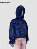 Ouzey Spring Winter Short Colorful Leopard Print Soft Warm Faux Fur Coat Women with Hood Long Sleeve Fluffy Jacket 2025