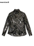 Ouzey Spring Autumn Cool Fitted Black Shiny Reflective Stretchy Holographic Faux Leather Shirt Jacket Men Emo Clothes 2025