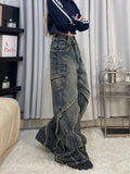 Ouzey Harajuku washed distressed stitching raw edge high street trendy casual jean for women 2025 flesh-covering design straight pants