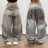 Ouzey Retro Y2k Fashion Casual Loose Big Pocket Jeans Harajuku High Waist Straight Leg Street Hip Hop Wide Leg Trousers Baggy Pants