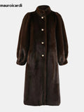 Ouzey Winter Long Thick Warm Soft Fluffy Brown Faux Mink Fur Coat Women Puff Sleeve Elegant Luxury Furry Overcoat 2025