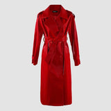 Ouzey Spring Long Red Shiny Reflective Hard PVC Leather Trench Coat for Women Loose Luxury Designer European Clothes 2025