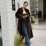 Ouzey Winter Long Brown Thick Warm Soft Fluffy Faux Mink Fur Coat Women V Neck Loose Chic Stylish Luxury Designer Clothes